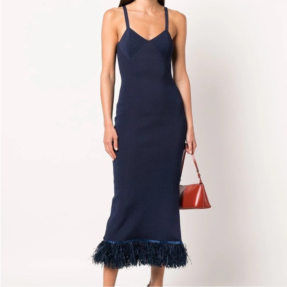 STAUD Portofino Maxi feather trim dress in navy